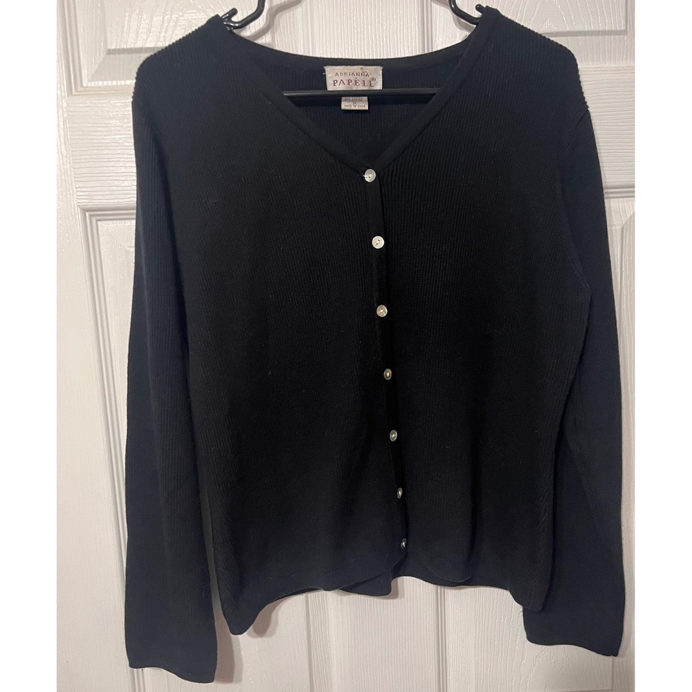 Adrianna Papell Womens Black Ribbed V-Neck Button Front Cardigan Sweater Size M